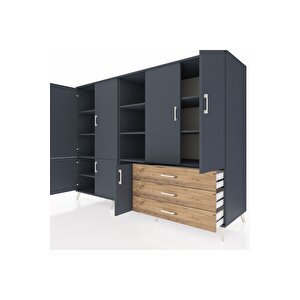 Kronos Dolap 11 Raflı 3 Çekmeceli 7 Kapaklı 220x59x163 Antrasit-antrasit/çam