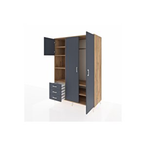 Kronos Dolap 6 Raflı 3 Çekmeceli Tek Askılı 132x59x195 Çam-antrasit/antrasit