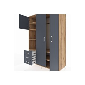 Kronos Dolap 6 Raflı 3 Çekmeceli Tek Askılı 132x59x195 Çam-antrasit/antrasit