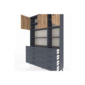 Arges Dolap 8 Raflı 8 Çekmeceli 3 Kapaklı 132x30x195 Antrasit-çam/antrasit