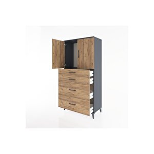 Hyperion Dolap Tek Raflı 4 Çekmeceli 2 Kapaklı 88x44x182 Antrasit-çam