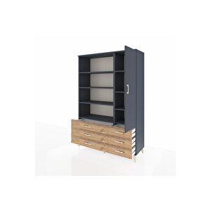 Hyperion Dolap 8 Raflı 6 Çekmeceli Tek Kapaklı  132x44x195 Antrasit-antrasit/çam