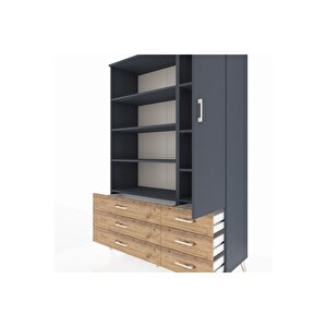 Hyperion Dolap 8 Raflı 6 Çekmeceli Tek Kapaklı  132x44x195 Antrasit-antrasit/çam