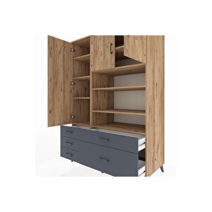 Kronos Dolap 9 Raflı 5 Çekmeceli 3 Kapaklı 132x59x195 Çam-çam/antrasit