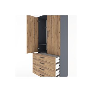 Hyperion Dolap 2 Raflı 4 Çekmeceli Tek Askılı 88x44x195 Antrasit-çam