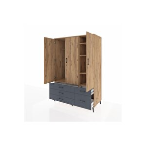 Kronos Dolap 5 Raflı 5 Çekmeceli Tek Askılı 132x59x195 Çam-çam/antrasit