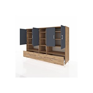 Kronos Dolap 12 Raflı 3 Çekmeceli 5 Kapaklı 220x59x163 Çam-antrasit/çam