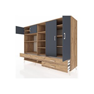 Kronos Dolap 12 Raflı 4 Çekmeceli 4 Kapaklı 220x59x163 Çam-antrasit/çam