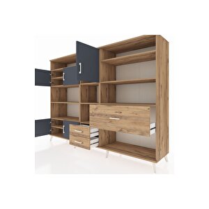 Hyperion Dolap 13 Raflı 3 Çekmeceli 5 Kapaklı 220x44x163 Çam-antrasit/çam