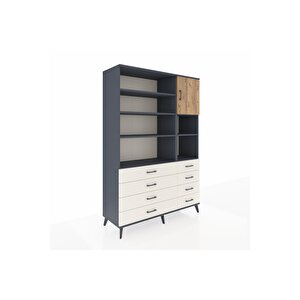 Hyperion Dolap 8 Raflı 8 Çekmeceli Tek Kapaklı  132x44x195 Antrasit-çam/aytaşı
