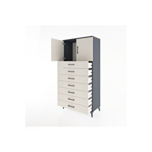 Hyperion Dolap Tek Raflı 7 Çekmeceli 2 Kapaklı 88x44x182 Antrasit-aytaşı