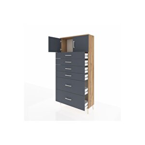 Arges Dolap Tek Raflı 6 Çekmeceli 2 Kapaklı 88x30x182 Çam-antrasit