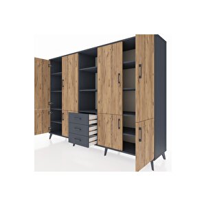 Hyperion Dolap 11 Raflı 3 Çekmeceli 8 Kapaklı 220x44x163 Antrasit-çam/antrasit