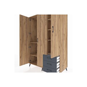 Kronos Dolap 6 Raflı 3 Çekmeceli Tek Askılı 132x59x195 Çam-çam/antrasit