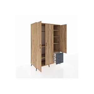 Kronos Dolap 6 Raflı 3 Çekmeceli Tek Askılı 132x59x195 Çam-çam/antrasit