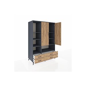 Kronos Dolap 8 Raflı 4 Çekmeceli 2 Kapaklı 132x59x195 Antrasit-çam/çam