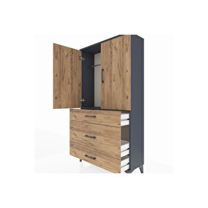 Arges Dolap Tek Raflı 3 Çekmeceli Tek Askılı 88x30x163 Antrasit-çam