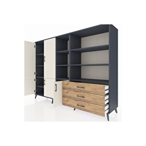 Hyperion Dolap 11 Raflı 3 Çekmeceli 5 Kapaklı 220x44x163 Antrasit-aytaşı/çam