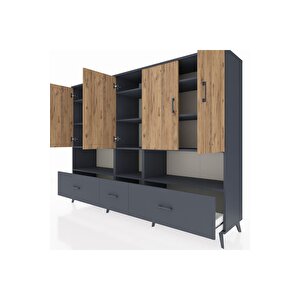 Hyperion Dolap 12 Raflı 3 Çekmeceli 5 Kapaklı 220x44x163 Antrasit-çam/antrasit