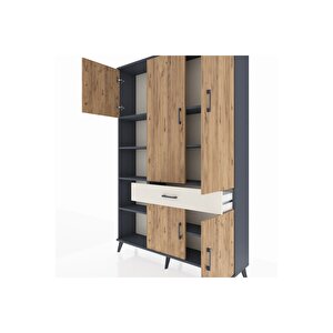 Arges Dolap 8 Raflı Tek Çekmeceli 5 Kapaklı 132x30x195 Antrasit-çam/aytaşı