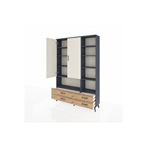 Arges Dolap 10 Raflı 4 Çekmeceli 2 Kapaklı 132x30x195 Antrasit-aytaşı/çam