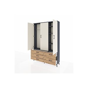 Arges Dolap 5 Raflı 5 Çekmeceli Tek Askılı 132x30x195 Antrasit-aytaşı/çam