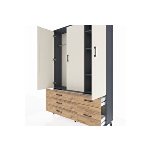 Arges Dolap 5 Raflı 5 Çekmeceli Tek Askılı 132x30x195 Antrasit-aytaşı/çam