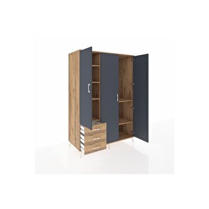 Kronos Dolap 6 Raflı 3 Çekmeceli Tek Askılı 132x59x195 Çam-antrasit/çam