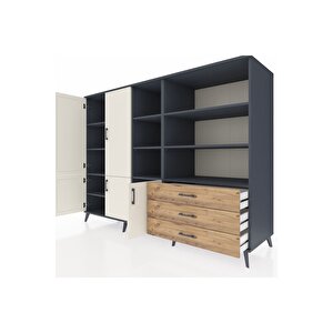 Kronos Dolap 11 Raflı 3 Çekmeceli 5 Kapaklı 220x59x163 Antrasit-aytaşı/çam