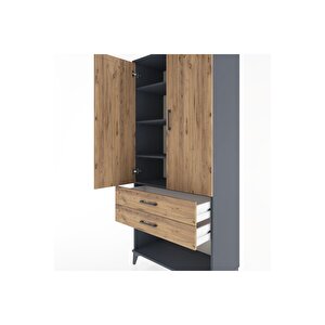 Hyperion Dolap 4 Raflı 2 Çekmeceli 2 Kapaklı 88x44x195 Antrasit-çam