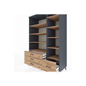Kronos Dolap 9 Raflı 4 Çekmeceli  132x59x195 Antrasit-çam/çam