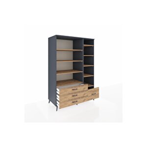 Kronos Dolap 9 Raflı 4 Çekmeceli  132x59x195 Antrasit-çam/çam