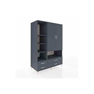 Kronos Dolap 8 Raflı 4 Çekmeceli 2 Kapaklı 132x59x195 Antrasit-antrasit/antrasit