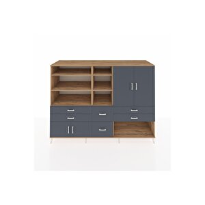 Kronos Dolap 10 Raflı 6 Çekmeceli 4 Kapaklı 220x59x163 Çam-antrasit