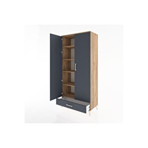 Hyperion Dolap 5 Raflı Tek Çekmeceli 2 Kapaklı 88x44x195 Çam-antrasit