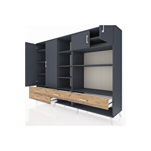 Hyperion Dolap 12 Raflı 4 Çekmeceli 4 Kapaklı 220x44x163 Antrasit-antrasit/çam