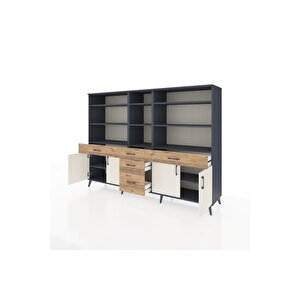 Hyperion Dolap 11 Raflı 5 Çekmeceli 4 Kapaklı 220x44x163 Antrasit-aytaşı/çam