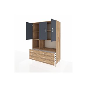 Kronos Dolap 6 Raflı 6 Çekmeceli 3 Kapaklı 132x59x195 Çam-antrasit/çam