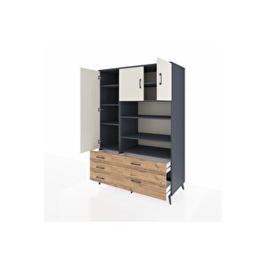 Kronos Dolap 9 Raflı 5 Çekmeceli 3 Kapaklı 132x59x195 Antrasit-aytaşı/çam