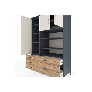 Kronos Dolap 9 Raflı 5 Çekmeceli 3 Kapaklı 132x59x195 Antrasit-aytaşı/çam