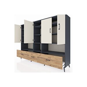 Hyperion Dolap 12 Raflı 3 Çekmeceli 5 Kapaklı 220x44x163 Antrasit-aytaşı/çam