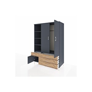 Kronos Dolap 5 Raflı 4 Çekmeceli Tek Askılı 132x59x195 Antrasit-antrasit/çam