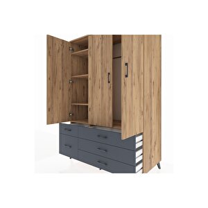 Kronos Dolap 5 Raflı 5 Çekmeceli Tek Askılı 132x59x195 Çam-çam/antrasit