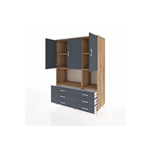 Kronos Dolap 6 Raflı 6 Çekmeceli 3 Kapaklı 132x59x195 Çam-antrasit/antrasit