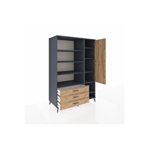 Kronos Dolap 9 Raflı 3 Çekmeceli Tek Kapaklı  132x59x195 Antrasit-çam/çam