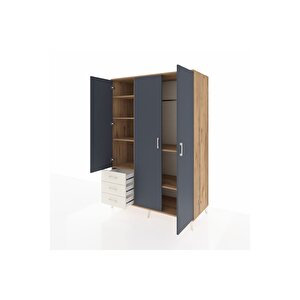 Kronos Dolap 6 Raflı 3 Çekmeceli Tek Askılı 132x59x195 Çam-antrasit/aytaşı