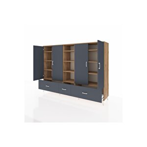 Hyperion Dolap 12 Raflı 3 Çekmeceli 4 Kapaklı 220x44x163 Çam-antrasit