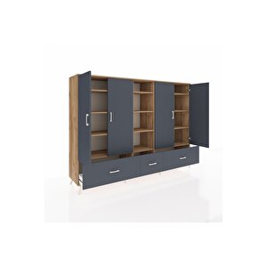 Hyperion Dolap 12 Raflı 3 Çekmeceli 4 Kapaklı 220x44x163 Çam-antrasit