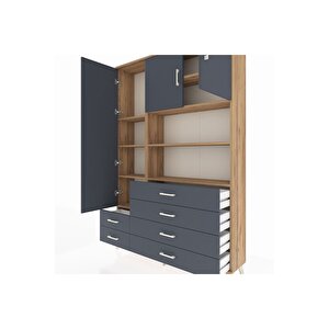 Arges Gardrop 8 Raflı 6 Çekmeceli 3 Kapaklı 132x30x195 Çam-antrasit