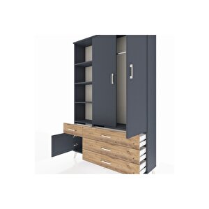 Arges Dolap 5 Raflı 4 Çekmeceli Tek Askılı 132x30x195 Antrasit-antrasit/çam